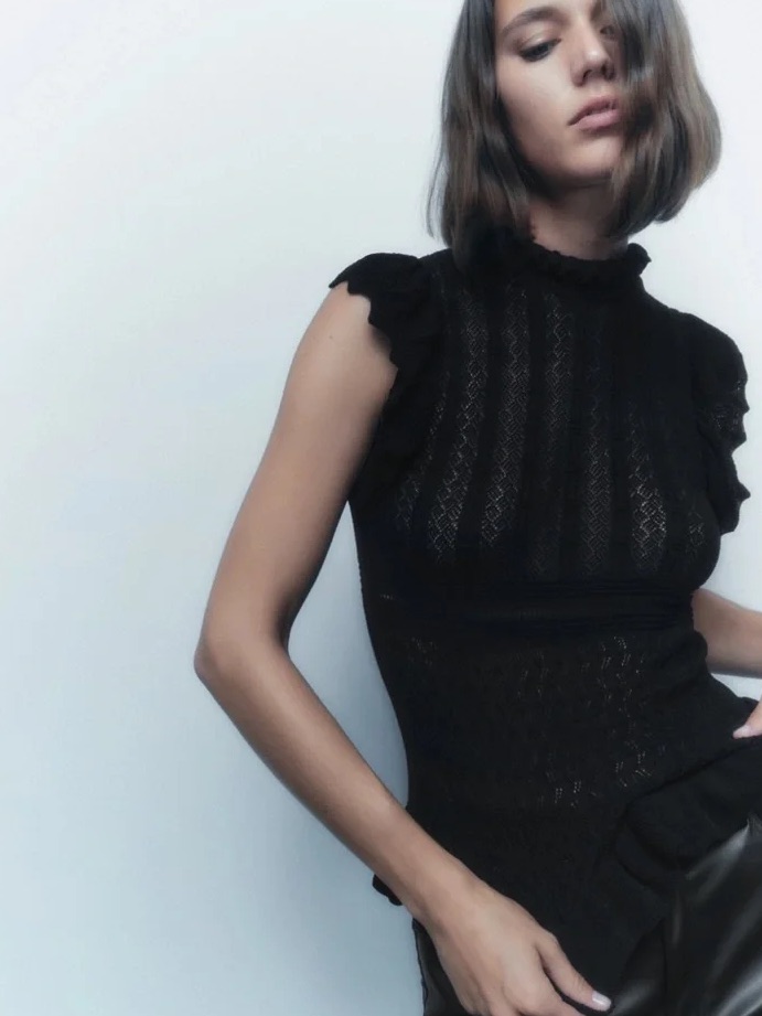 Black Zara Sleeveless Pointelle Knit Top With Ruffled Trim- Size M